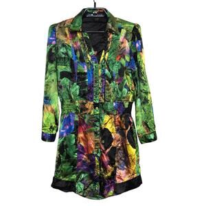 Vintage Y2K Coogi Dress Snap Front Size Large Satin Green Long Sleeve Short Mini
